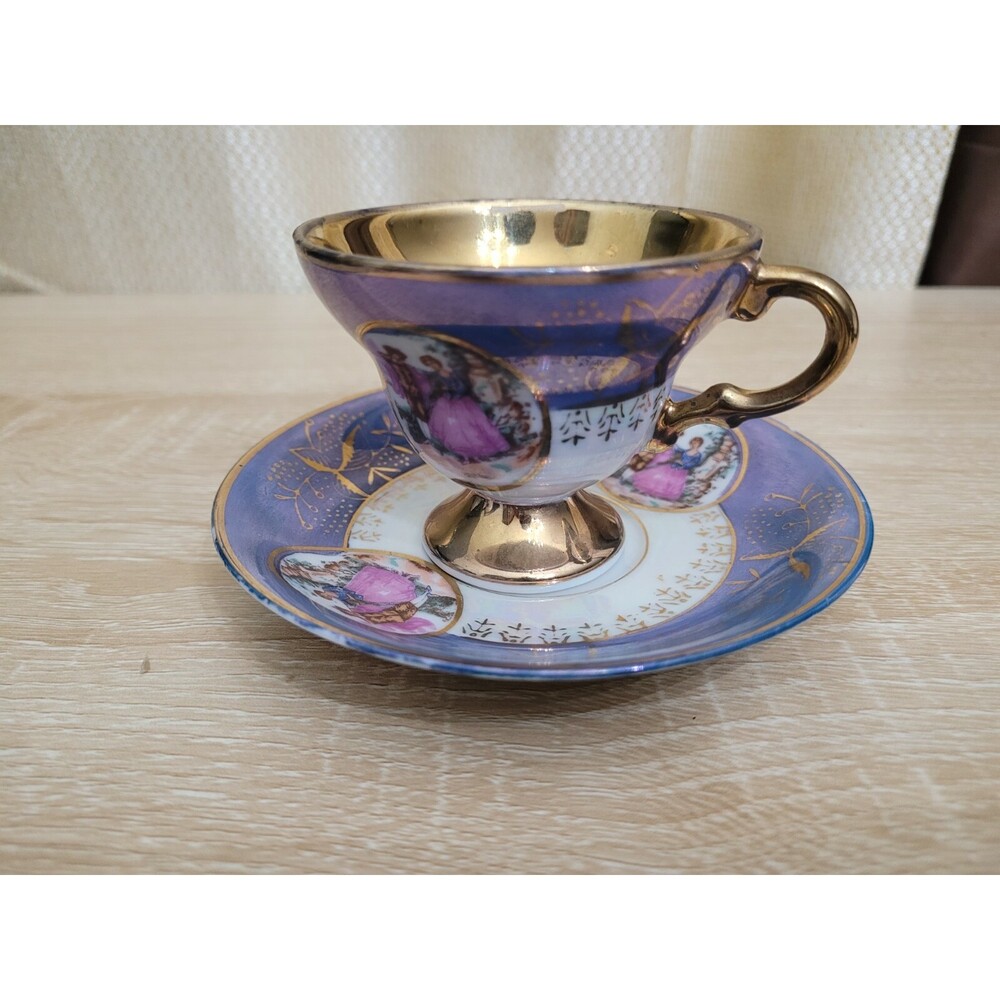 Royal Crown 2293 Blue Gold Tone Interrior Cup & Saucer Set Courting Couple Scene